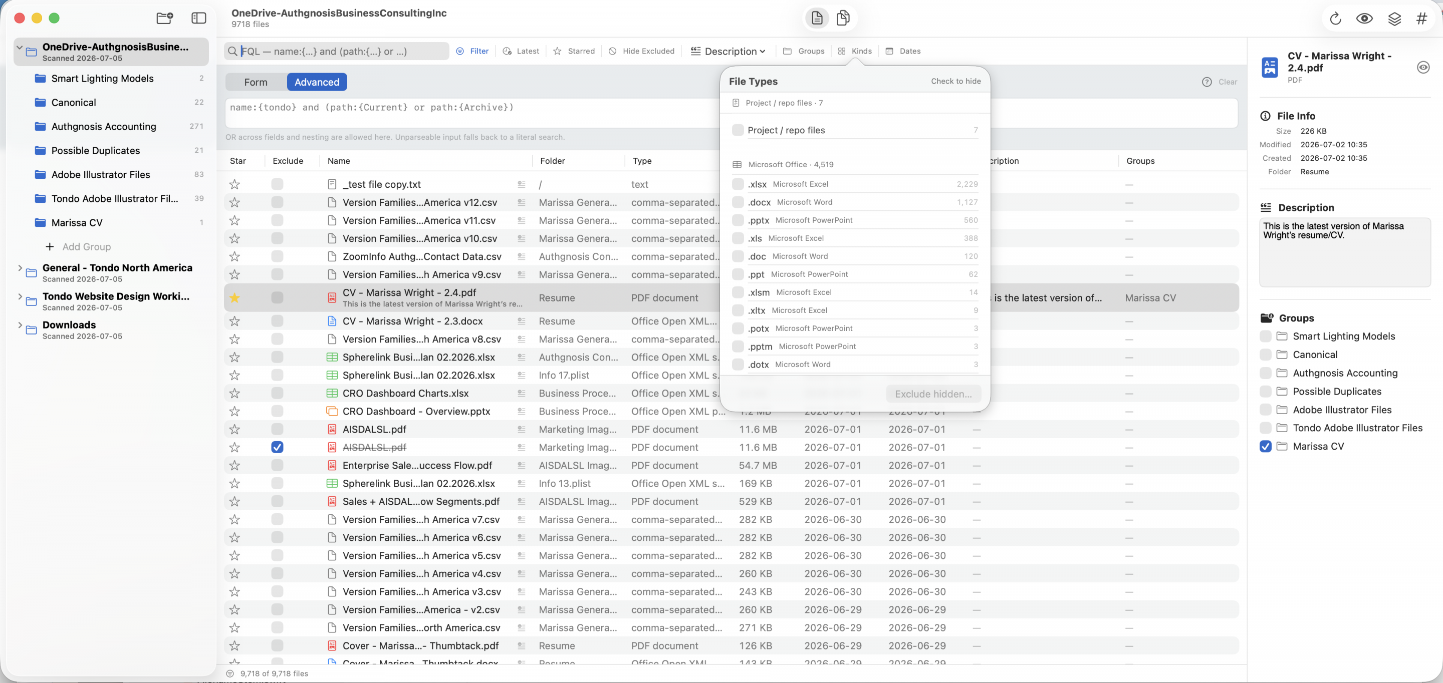 Documentor - Filetype Include Exclude Screenshot of Documentor for MacOS - File Type Filter