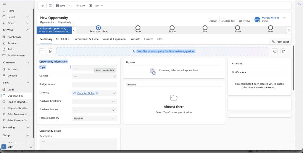 Microsoft Dynamics 365 opportunity record showing a custom sales pipeline with stages: Search, Desire, Action, Like, Share, and Love, with MEDDPICC and Commercial & Close tabs